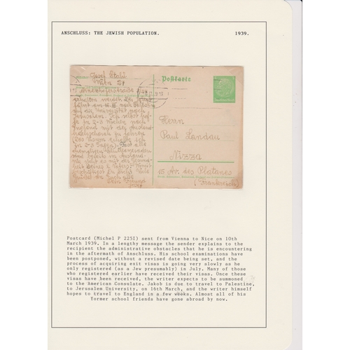 9 - Germany 1939 Anschluss - The Jewish Population pre paid Michel P225.1 postcard posted to Nice cancel... 