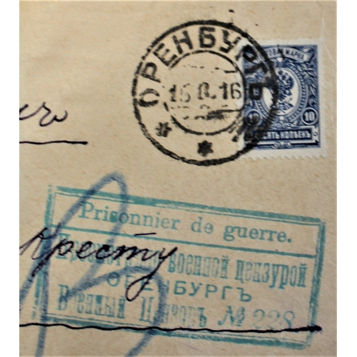 453 - Russia 1916 Censored Mail Env to Danish Red Cross from German POW cancel 15.8.1916 Orenburg blue rec... 