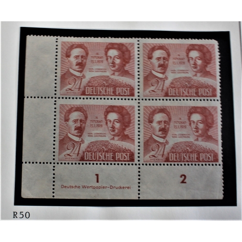 517 - Germany 1949 Russian Zone 30th death anniv Liebkenecht & Luxemberg SG R50 u/m block 4, Env cancel Os... 