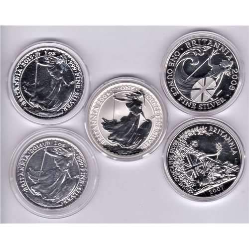 42 - Silver £2 Britannia - 2004-2007-2008-2014 and 2015. All BUNC and cased (5)