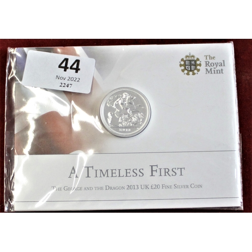 44 - 2013 - £20 A Timeless First St. George and the Dragon. Silver BUNC, Royal Mint Pack