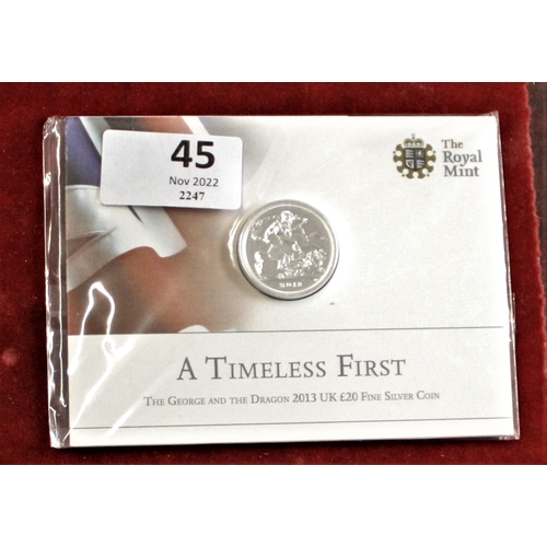 45 - 2013 - £20 A Timeless First St. George and the Dragon. Silver BUNC, Royal Mint Pack