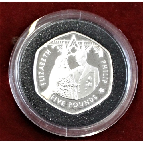 46 - 2007 - £5 Alderney Silver proof, Royal Diamond Wedding Anniversary. Limited Edition, scarce