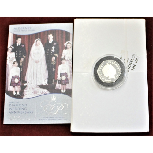 46 - 2007 - £5 Alderney Silver proof, Royal Diamond Wedding Anniversary. Limited Edition, scarce