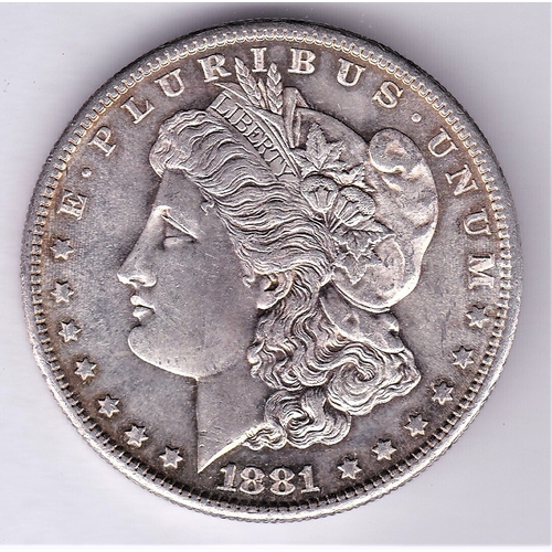 62 - USA 1881 S - 5-Morgan Silver Dollar. AUNC, beautiful toning