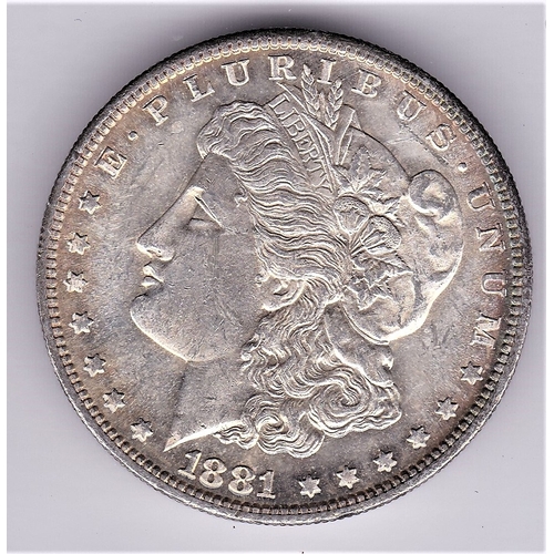 63 - USA 1881 S - 5-Morgan Silver Dollar. AUNC, beautiful toning