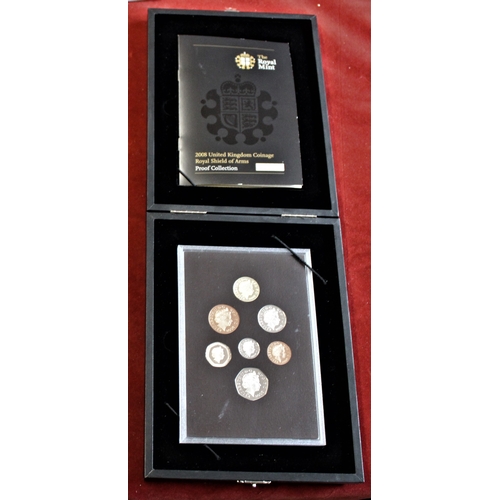 74 - 2008 - Royal Mint Cased proof Set Royal Shield of Arms, 1p to £1 (7 coins) with certificate