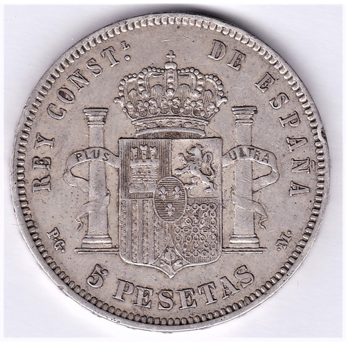 95 - Spain 1890 - Alfonso XIII Silver Five Pesetas. VF