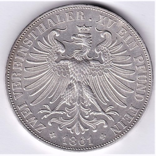 96 - German States - Frankfurt 1861 Silver 2 Thaler. GEF KR365