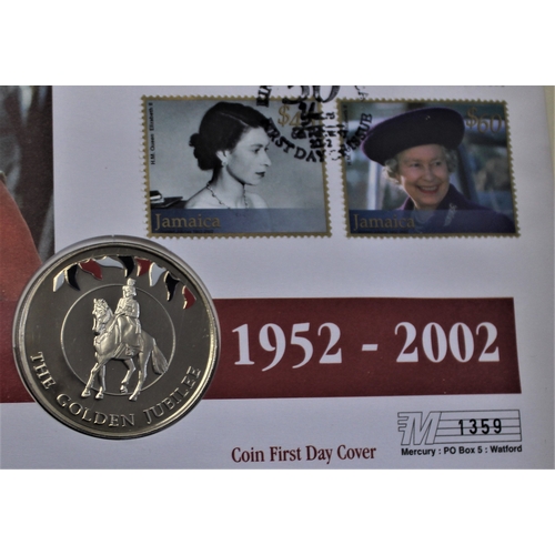 108 - 2002 - Queen Elizabeth Golden Jubilee, Falkland Islands 50 Pence BUNC and Jamaica Stamp Set FDC