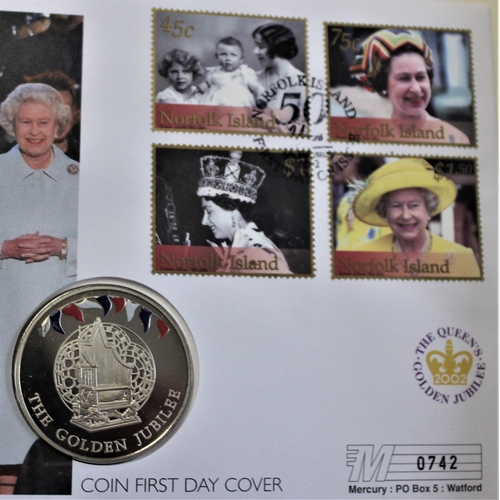 109 - 2002 - Queen Elizabeth Golden Jubilee, Falkland Islands 50 pence BUNC and Northern Island Stamp Set ... 