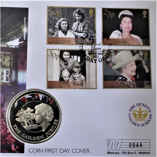 110 - 2002 - Queen Elizabeth Golden Jubilee, Falkland Islands 50 pence BUNC and St. Helena Stamp Set FDC