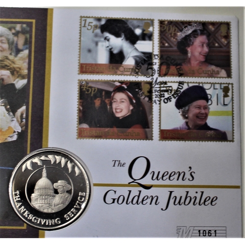 112 - 2002 - Queen Elizabeth Golden Jubilee, Falkland Islands 50 pence BUNC and Tristian old Cunha Stamp s... 