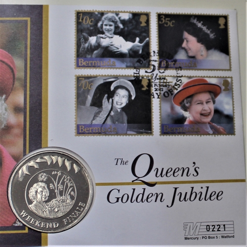 113 - 2002 - Queen Elizabeth Golden Jubilee, Falkland Island 50 pence and Bermuda Stamp Set FDC