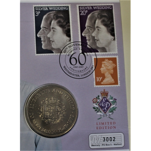 115 - 2007 - Royal Diamond Wedding - England Crown BUNC and Stamp Set FDC