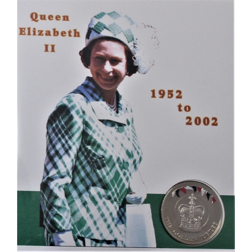 123 - 2002 - Queen's Golden Jubilee - Falkland Island 50 pence BUNC on Antigua & Barbuda 6 Dollar FDC