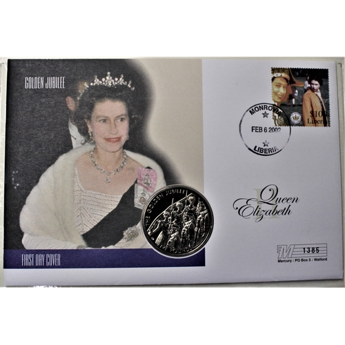 124 - 2002 - Queen's Gold Jubilee, Jersey £5 BUNC on Liberia 100 Dollars FDC