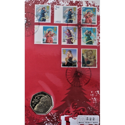 141 - 2007 - Christmas Gibraltar 50 pence, BUNC on GB Christmas Set FDC