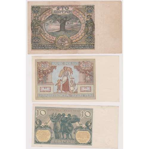 320 - Poland 1929 10 Zlotych, P69, 1936 1 Zlotych & 1931 20 Zlotych P73 (3), VF to AUNC