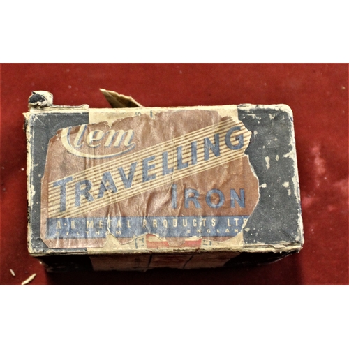 395 - Clem Clayton Lewis & Miller Ltd., Travelling Iron, rust on the soleplate. Box in poor condition but ... 