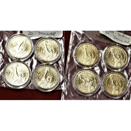 174 - USA - 2009 Presidential Dollars Satin Finish 'P' (4) and 'D' (4) BUNC in capsules (8)