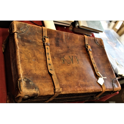 103 - British 1930s Military Leather Suitcase with to straps, initialled K.V.F. Canvas lined inside. Was s... 