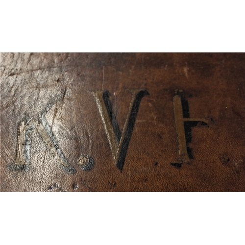 103 - British 1930s Military Leather Suitcase with to straps, initialled K.V.F. Canvas lined inside. Was s... 