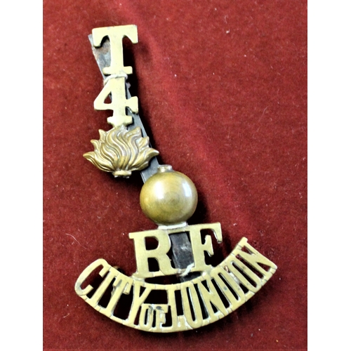 120 - British WWI Royal Fusiliers City of London (4th Territorial) Regiment Shoulder title, (Gilding-metal... 
