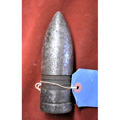 81 - British WWII 3pr Shell Head, in good condition missing its drive band, lots of markings '3pr II NT/N... 