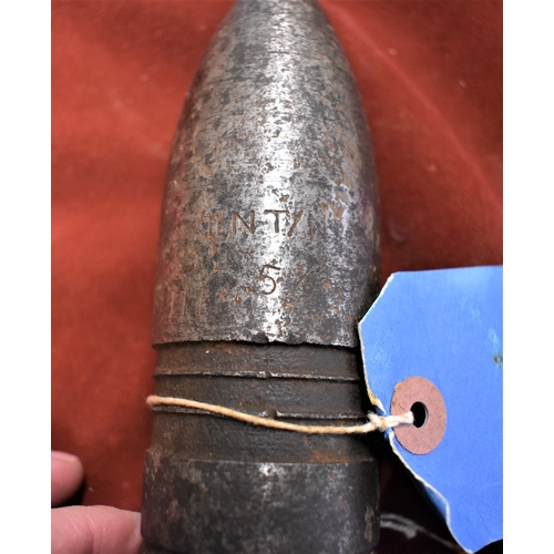 81 - British WWII 3pr Shell Head, in good condition missing its drive band, lots of markings '3pr II NT/N... 