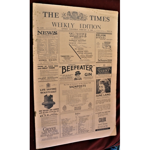 319 - The Times 1940-Feb 14th WWII weekly edition-rust staples other wise excellent cover crease