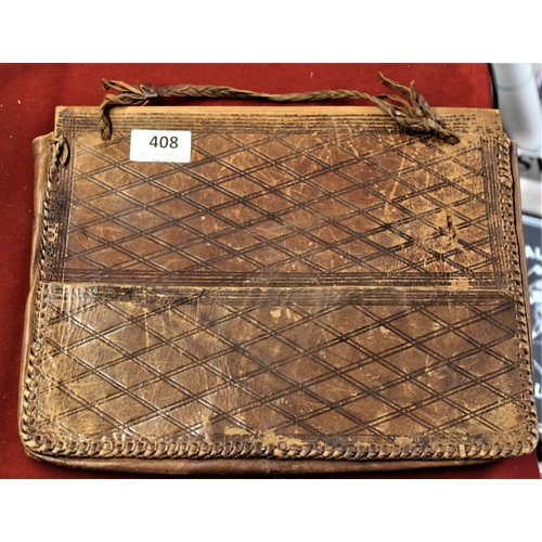 408 - Satchel-Leather Vintage with tooled leather pattern throughout-worn condition with small faults meas... 