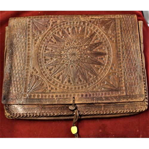 408 - Satchel-Leather Vintage with tooled leather pattern throughout-worn condition with small faults meas... 