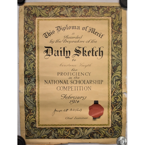 226 - Diploma of Merit-Awarded to Constance Smyth-Feb 1914-measurements 50cm x 38cm-poor condition down si... 