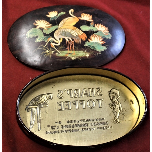 437 - Advertising-Sharp's Toffee Tin-vintage good condition oval with parrot & Storks