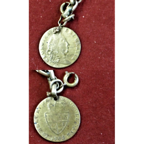 476 - Brass pocket watch fob chain with a George III Sainsbury token as the fob, in good condition with an... 