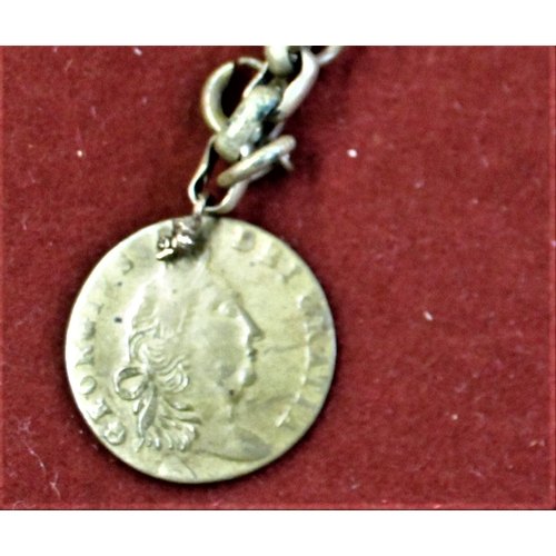 476 - Brass pocket watch fob chain with a George III Sainsbury token as the fob, in good condition with an... 