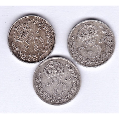 49 - Great Britain 1887, 1889 and 1891 Jubilee Head Silver Threepence, fine to GVF (3)