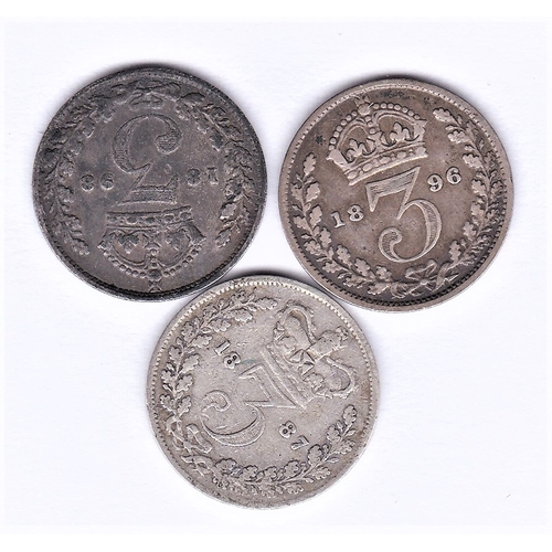 50 - Great Britain Victoria Silver Threepence, 1887 (Young head), 1896 and 1898 NF (3)