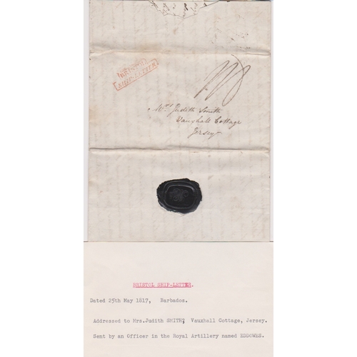 116 - Great Britain 1817 - EL dated May 25th 1817 Barbados posted to Jersey red 2 line boxed Bristol Ship ... 