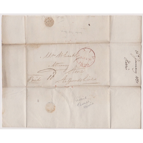 125 - Great Britain 1820-EL dated 26th Jan 1820-posted to Stone Staffs-manuscript paid and 10 large red si... 