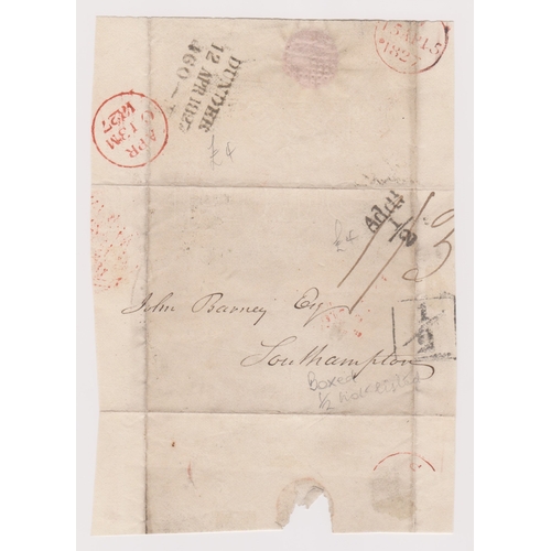 136 - Great Britain 1827 - Wrapper dated 12th April 1827 posted to Southampton-manuscript 1/3 black boxed ... 