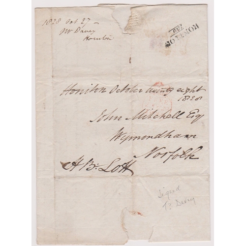 138 - Great Britain 1928-Devon EL dated Oct 27th 1828 Honiton posted to Wymondham-black 2 line Honiton 159... 