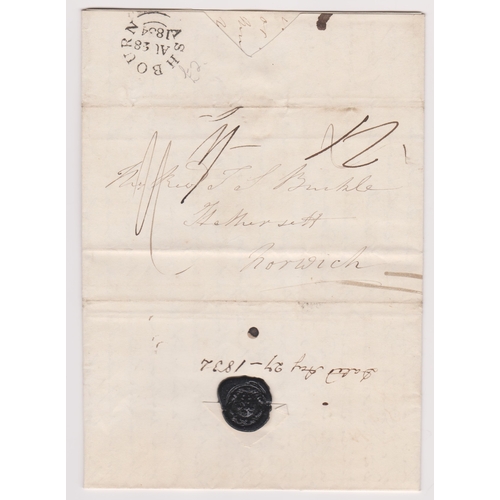 145 - Great Britain 1834-EL dated Aug 27th 1834 posted to Hethersett-black Ashbourn/AU28/1834 cancel