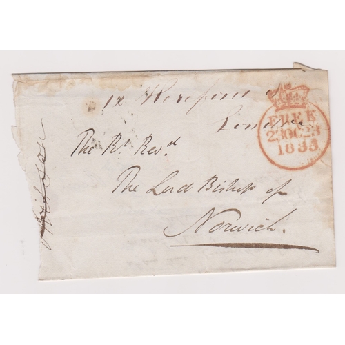 146 - Great Britain 1835-damaged EL posted London to the Lord Bishop of Norwich with a Royal instruction r... 