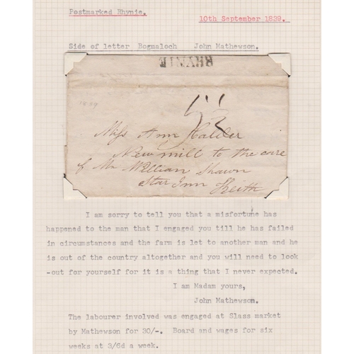 150 - Great Britain 1839-EL posted to Keith-manuscript 5 1/2 postage Rhymie single line cancel