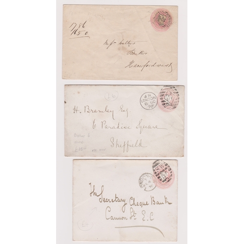158 - Great Britain 1854-1878-Group of (3) prepaid 1d pink envelopes-(1) cancelled with town numeral strik... 