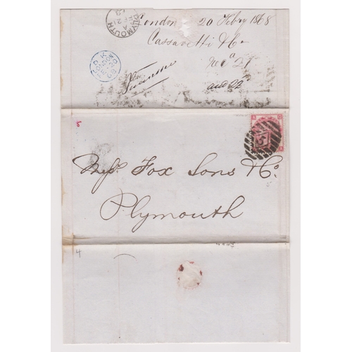 159 - Great Britain 1868-Wrapper dated 20th Feb 1868 London posted to Plymouth SG103-3d plate 5 cancelled ... 