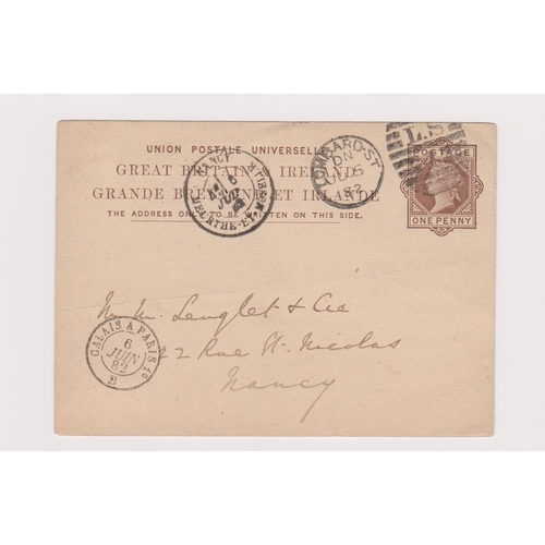 164 - Great Britain 1882-Michel P14 prepaid overseas rate postcard posted to Nancy France, cancelled June ... 