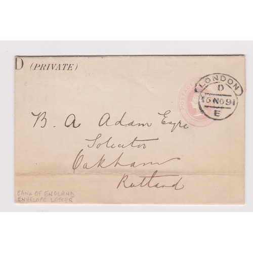 169 - Great Britain 1891-Bank of England prepaid envelope letter dated 16.11.1891 posted to Oakham cancell... 
